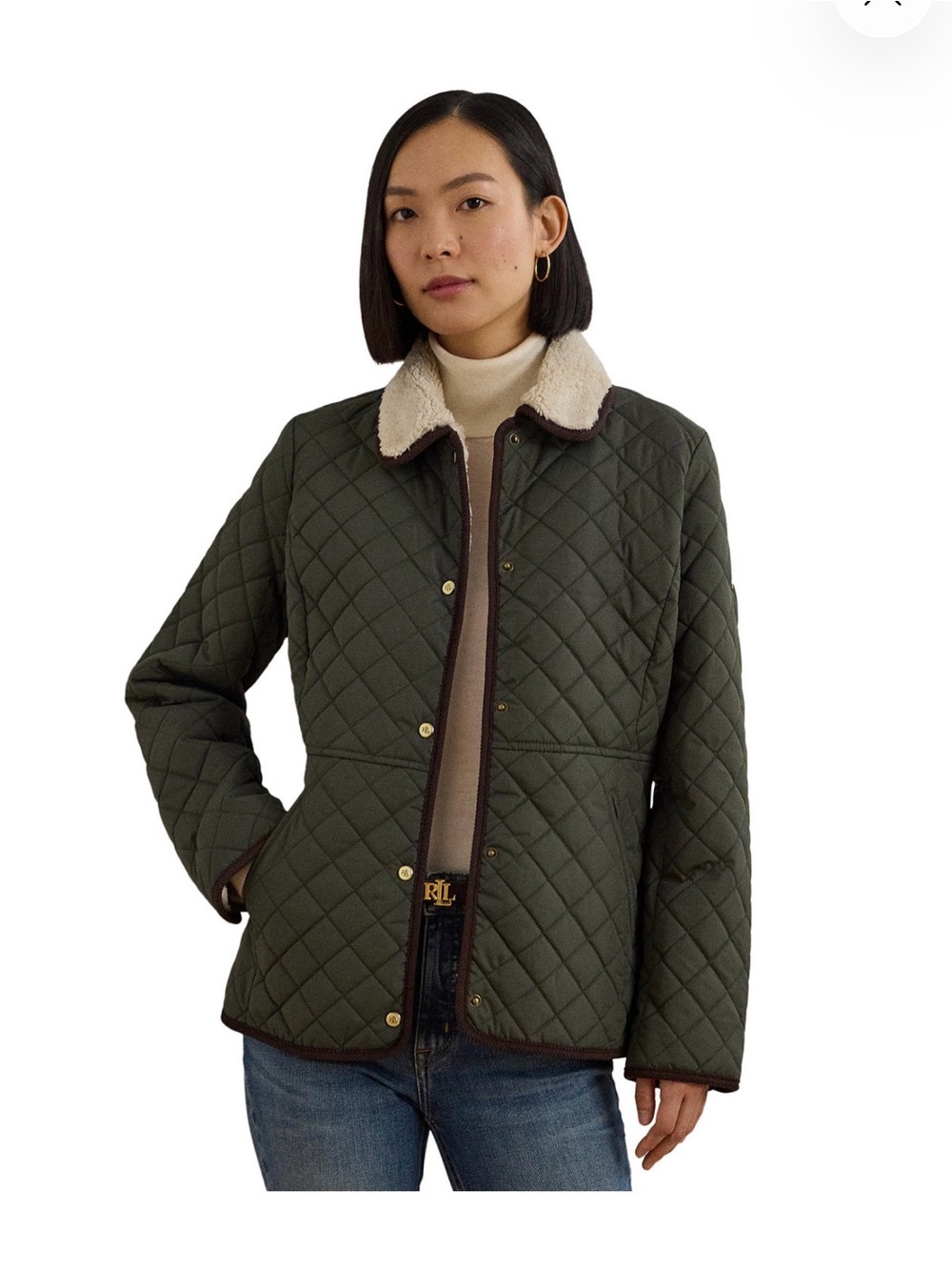 Ralph Lauren Quilted Olive Utility Jacket with Cream Sherpa Collar XL